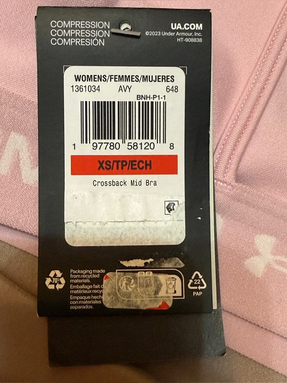 Under Armour Baby Pink Compression Crossback Mid Sports Bra Size XS 1361034